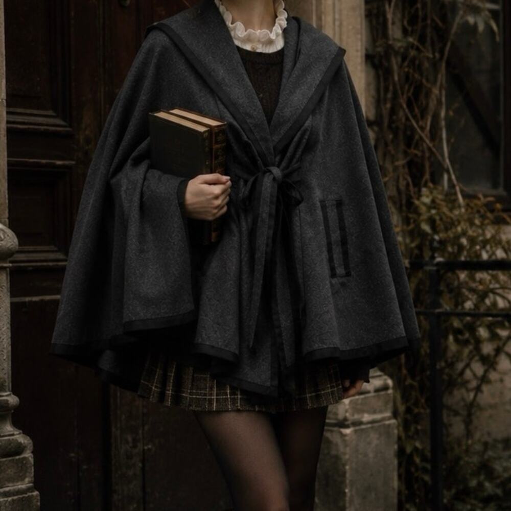 Anthropologie Akemi + Kin Whimsical Hooded Wool Blend Black Cape Jacket OneSize